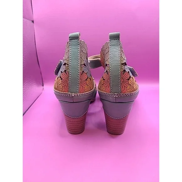 L'Artiste AVNIA Sandals Blue Multi Floral Hand Painted Peep Toe Heels 39 - Picture 3 of 12